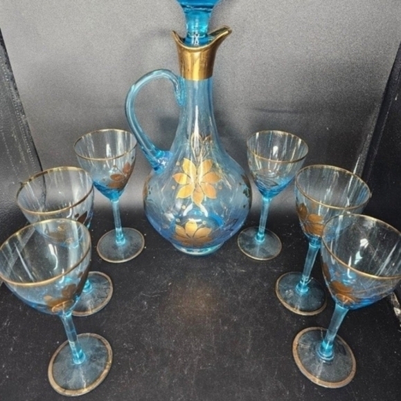 Vintage Romanian Cristo‎ handblown aqua blue Glass, handpainted with 24 k gold. - Picture 6 of 10